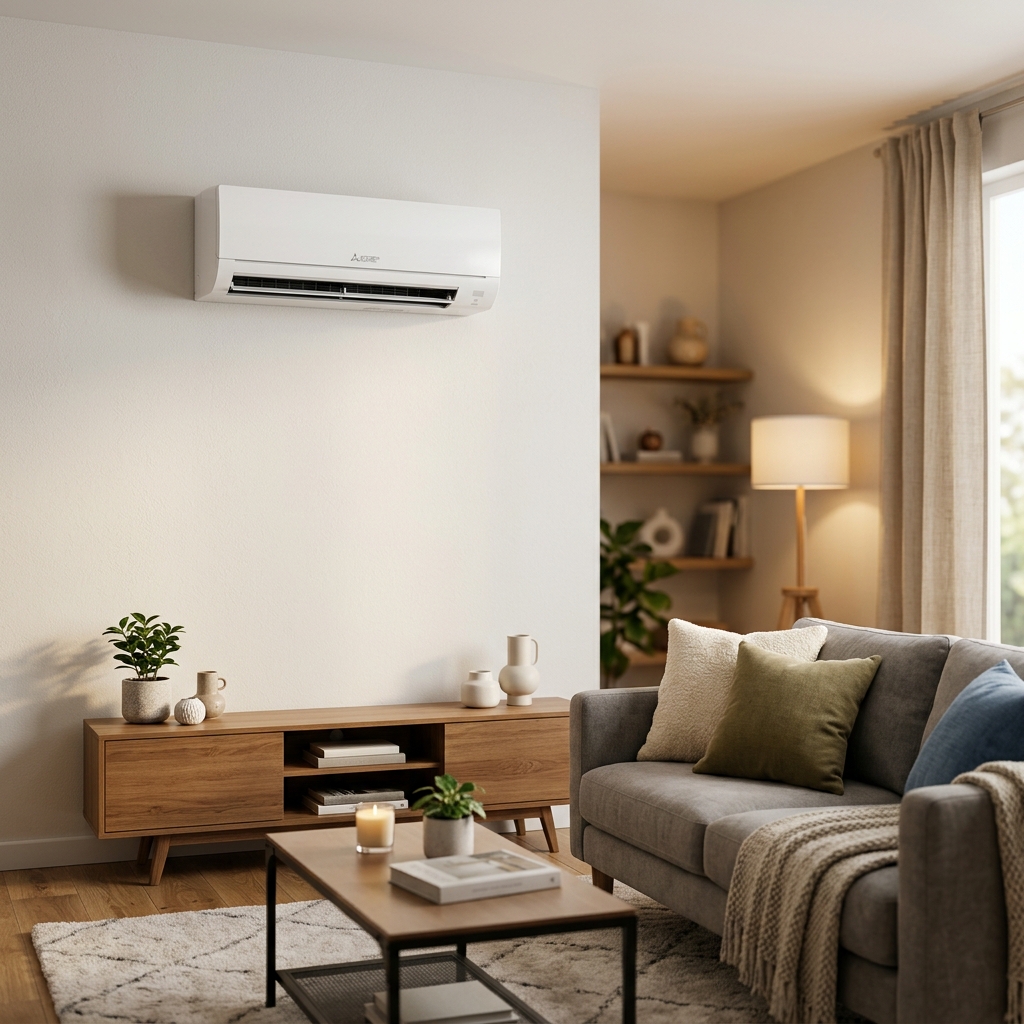 A white ductless mini-split indoor unit mounted on a living room wall above a wooden console