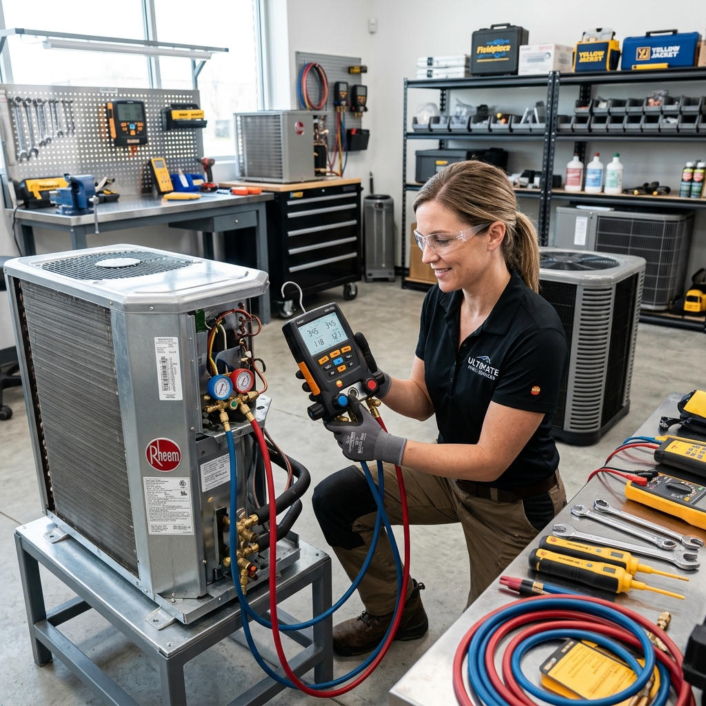 HVAC technician testing refrigerant pressure with digital manifold gauges during an EPA 608 compliance check