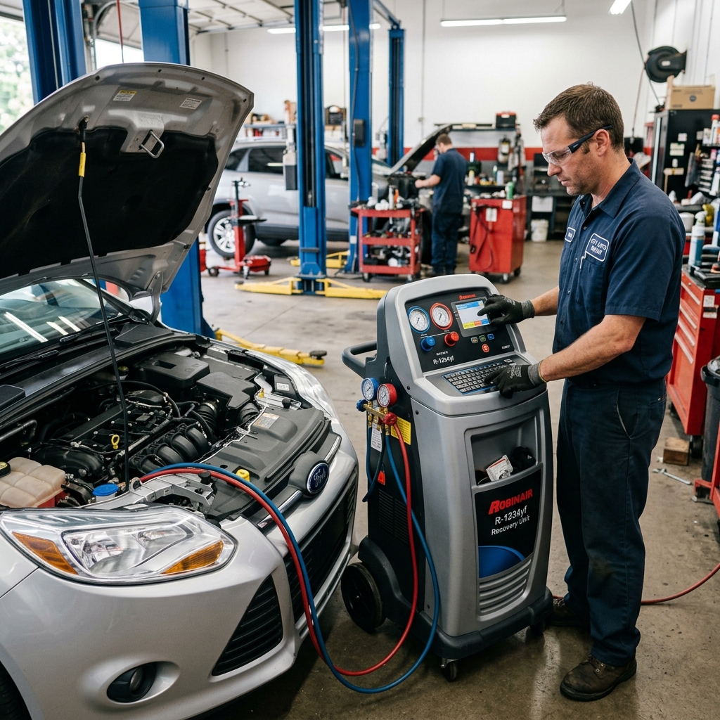 Auto technician connecting R-1234yf manifold gauges to a vehicle air conditioning service port