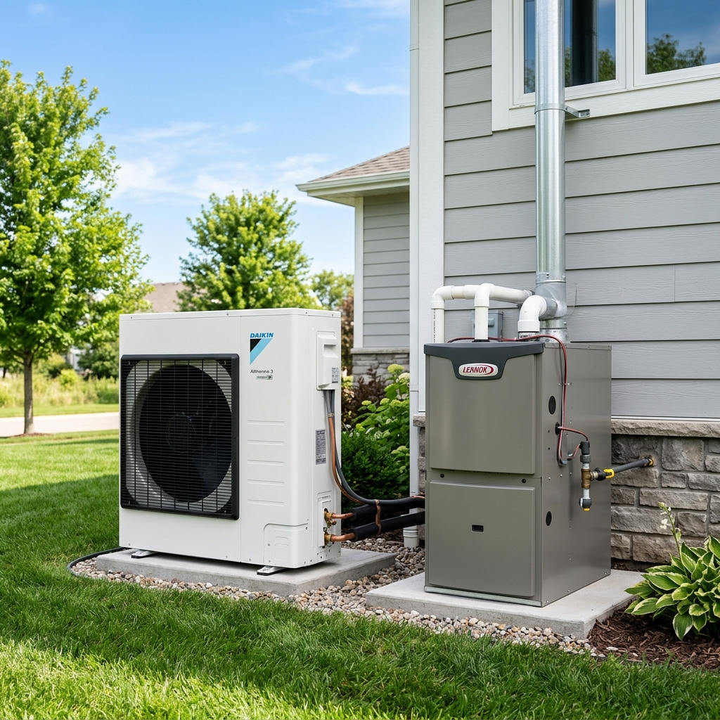 A white heat pump outdoor unit next to a gas furnace installed beside a suburban home