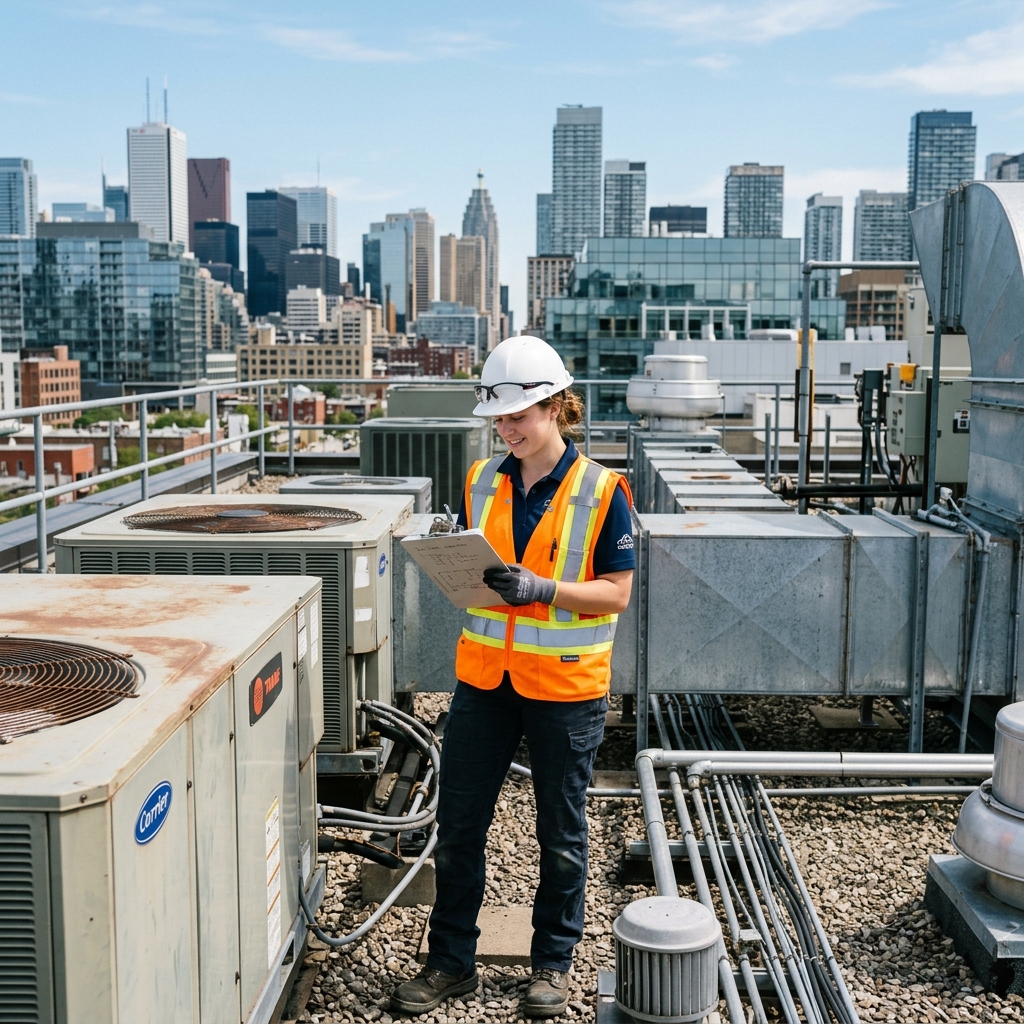 Young HVAC apprentice technician on a commercial rooftop with HVAC units and city skyline behind