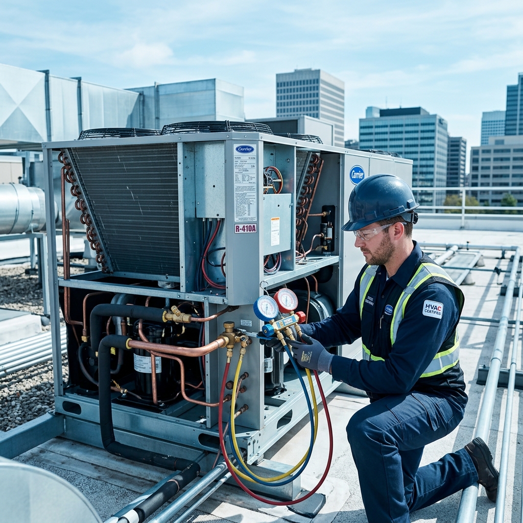 HVAC technician inspecting a commercial rooftop air conditioning unit with refrigerant pressure gauges