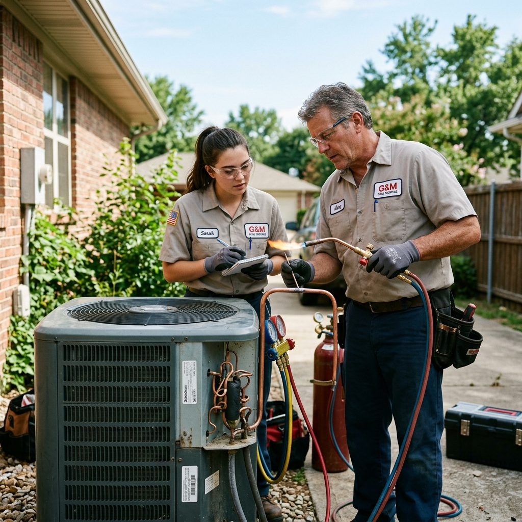 Entry-level HVAC helper assisting a senior technician with manifold gauges on an outdoor condenser unit
