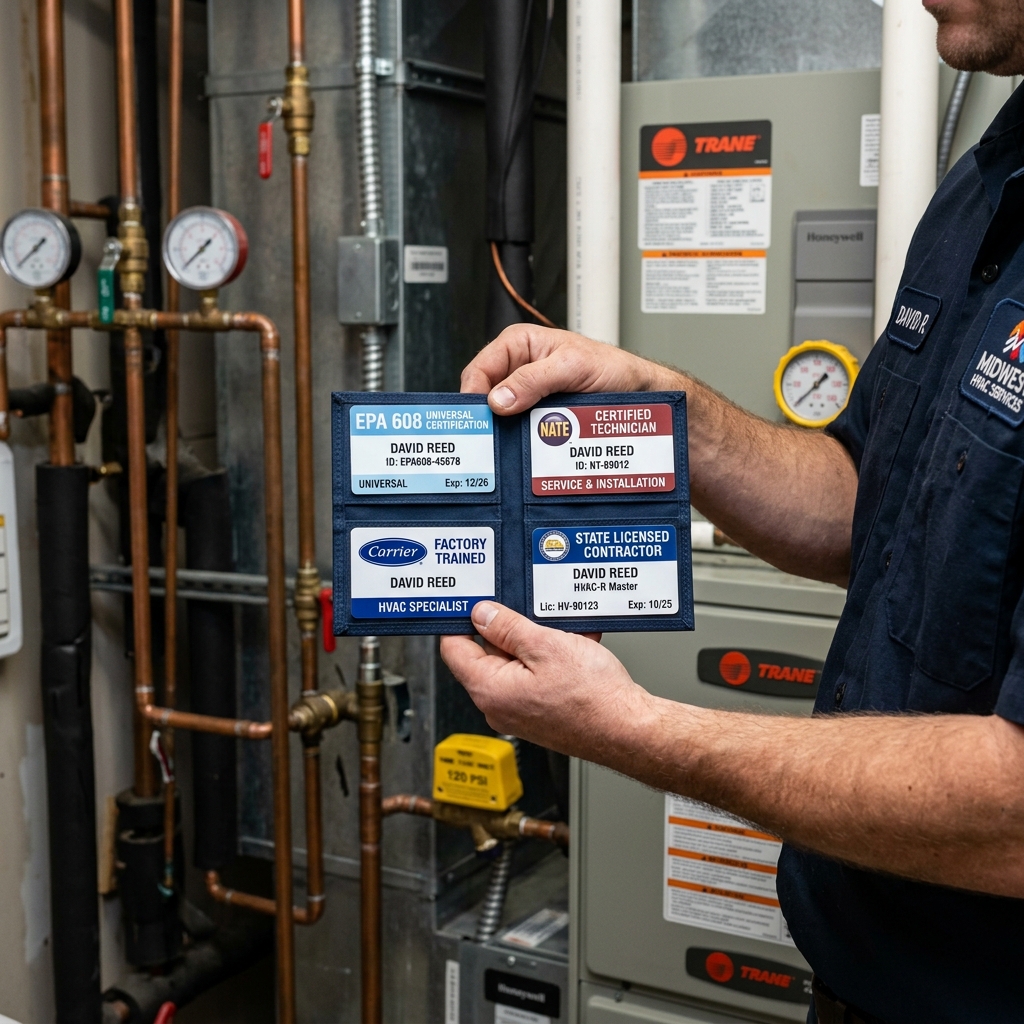 HVAC technician displaying professional certification cards including EPA 608 Universal and NATE badges