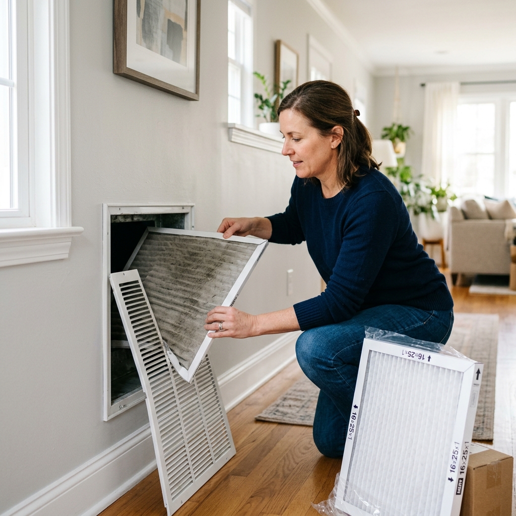 Homeowner replacing a dirty HVAC air filter from a wall-mounted return air vent