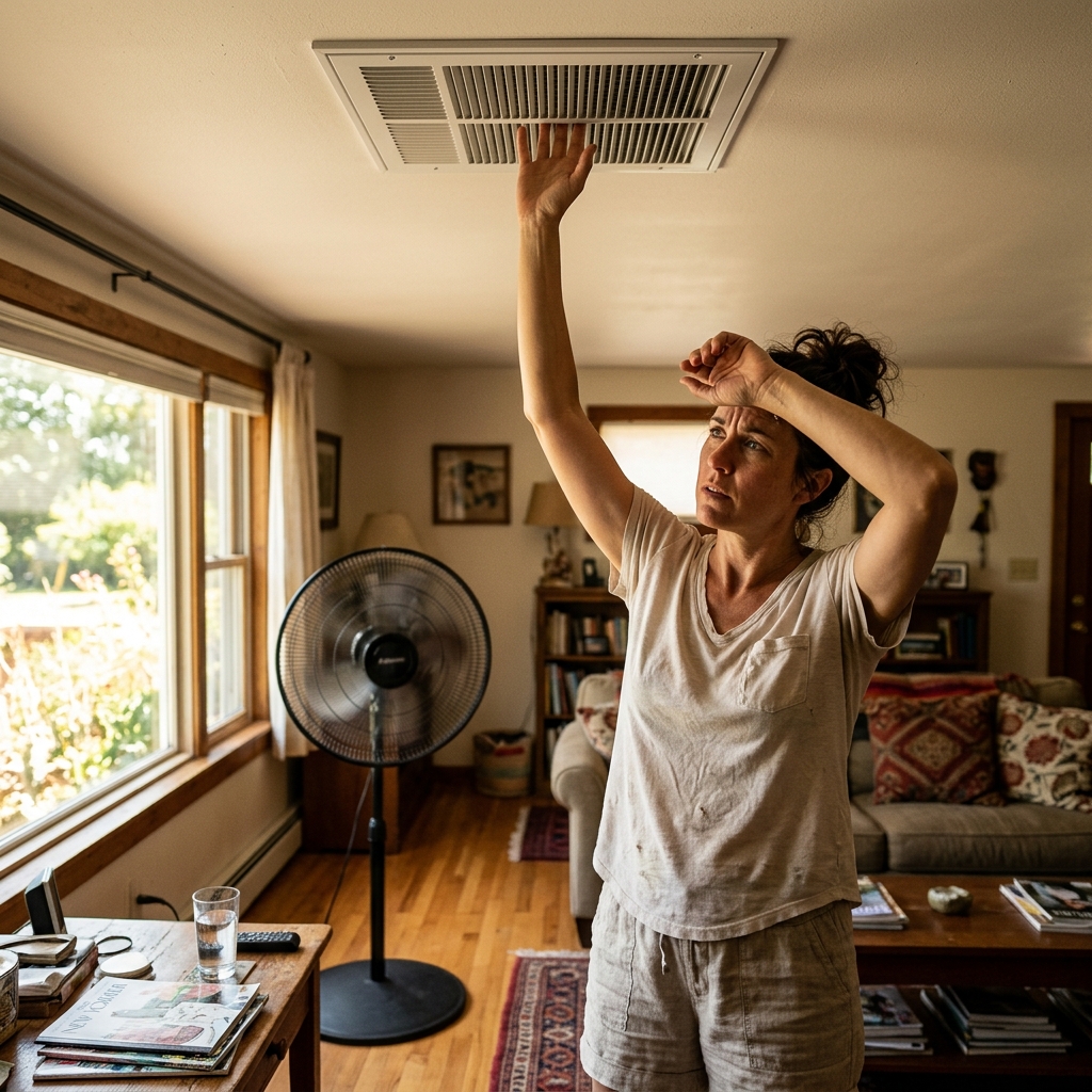 Homeowner checking a ceiling vent with their hand while a portable fan runs in the background