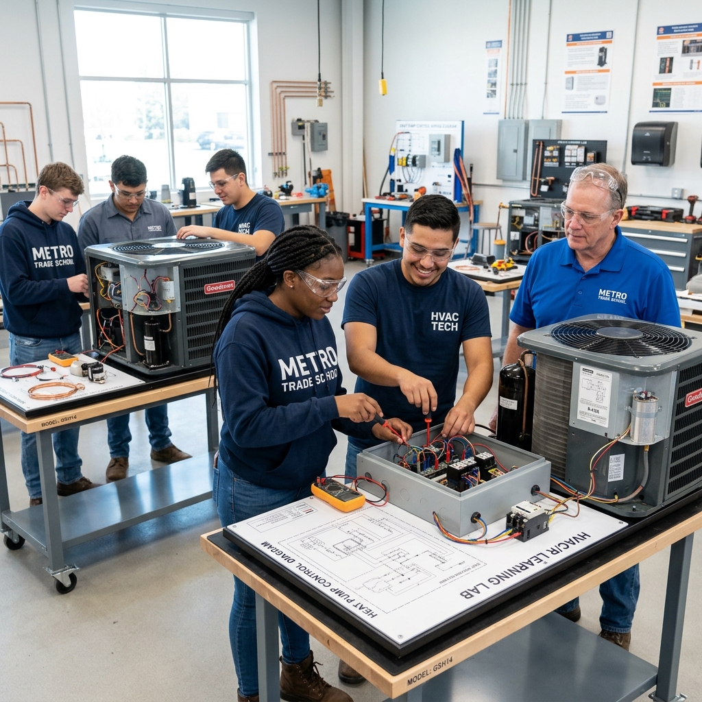 HVAC students learning electrical wiring and manifold gauge setup in a trade school workshop lab