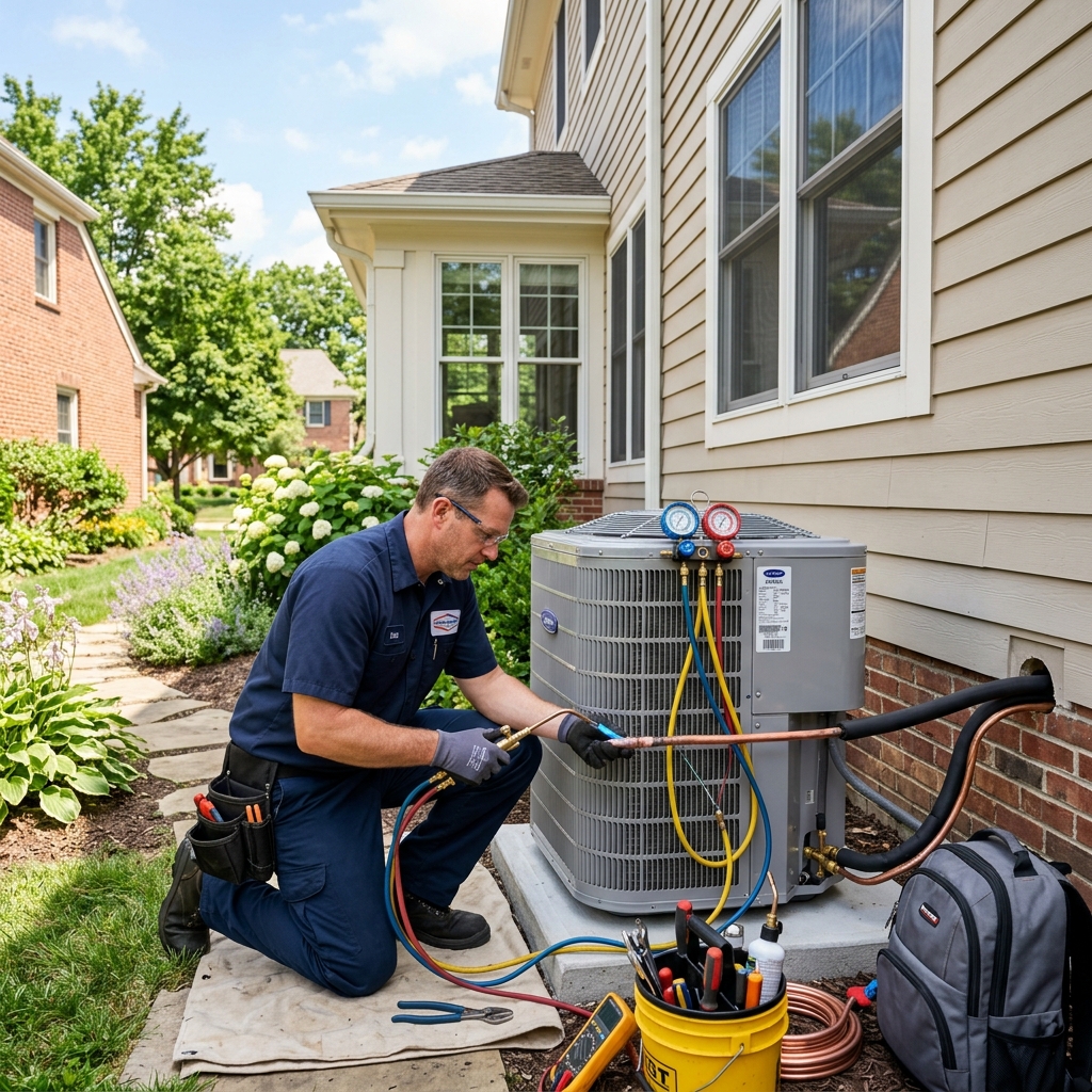 HVAC technician connecting refrigerant lines to a new outdoor condenser unit beside a suburban house
