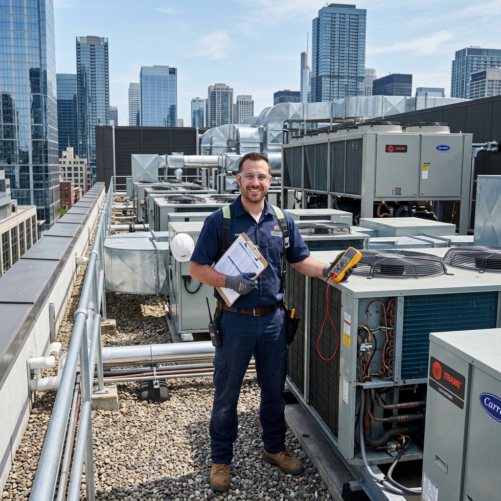 Certified HVAC technician holding digital testing tools while standing near a commercial heating and cooling unit