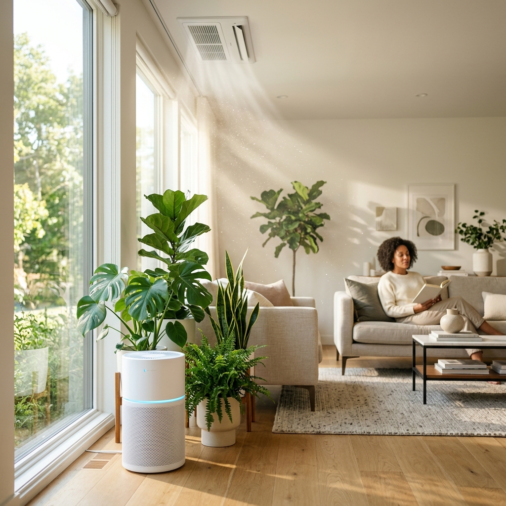 Modern living room with sunlight, plants, and an air purifier near an HVAC ceiling vent