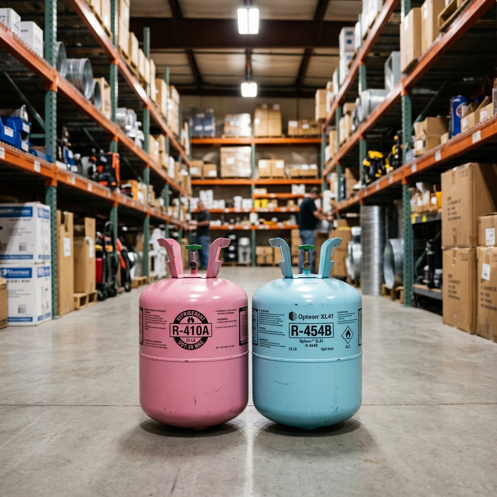 Pink R-410A and light blue R-454B refrigerant cylinders side by side in an HVAC supply warehouse