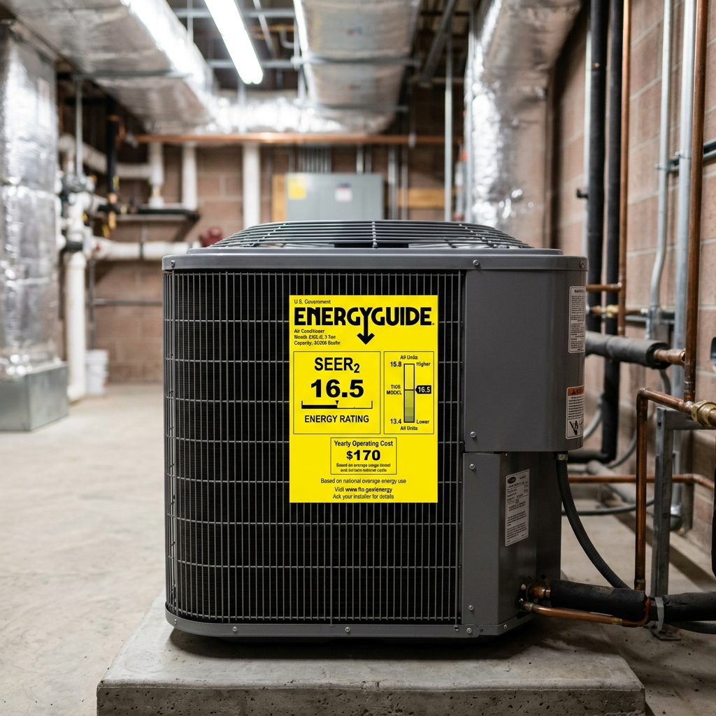 An air conditioning unit with a yellow EnergyGuide label showing a SEER2 rating