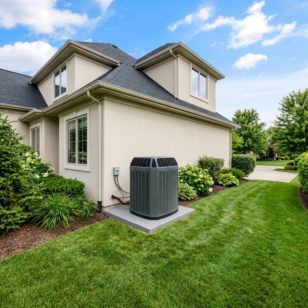 Residential HVAC outdoor condenser unit installed next to a house with green lawn and blue sky
